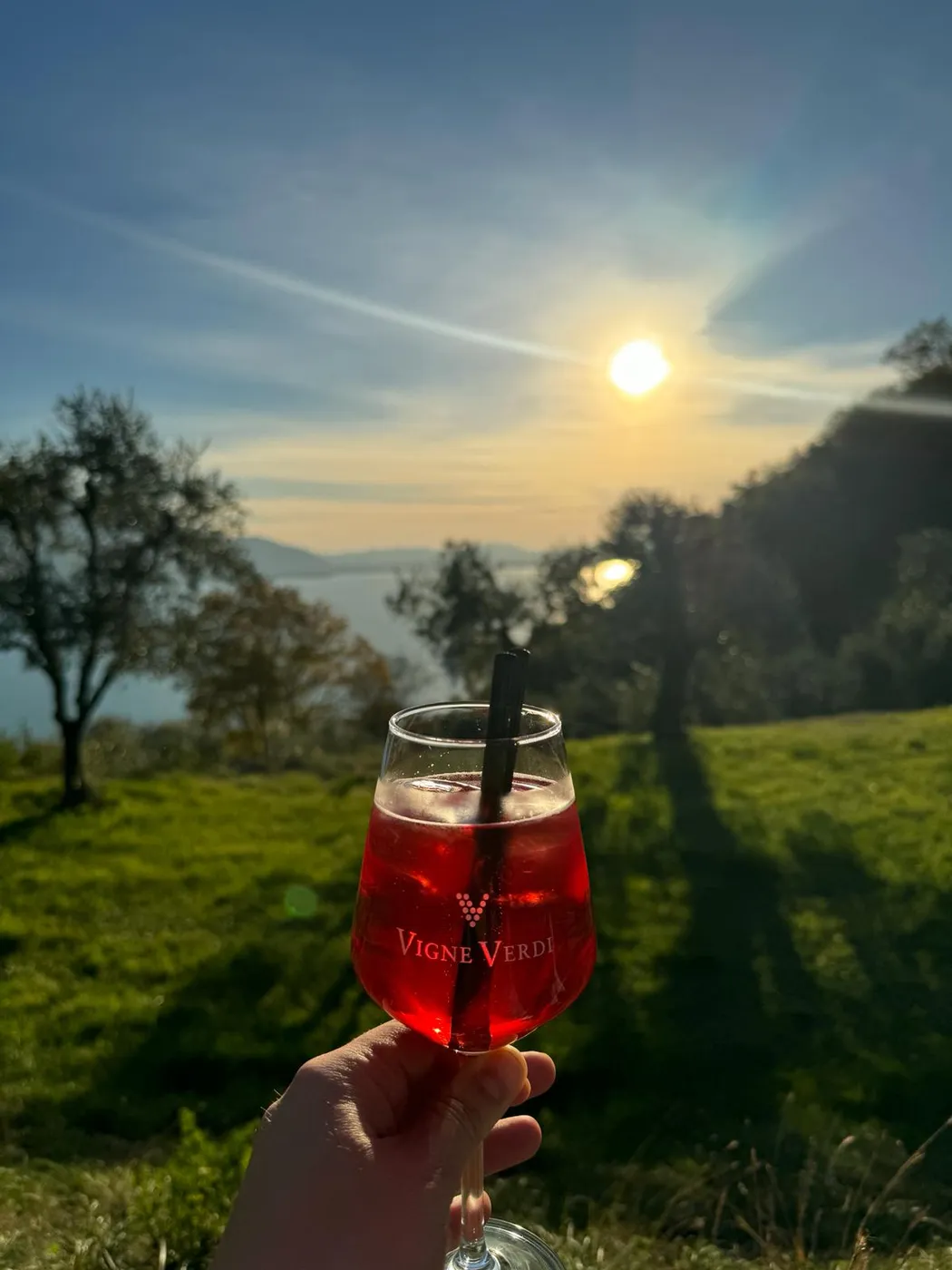 Glas Rosé-Aperitif vor Sonnenuntergang über dem Lago d'Iseo