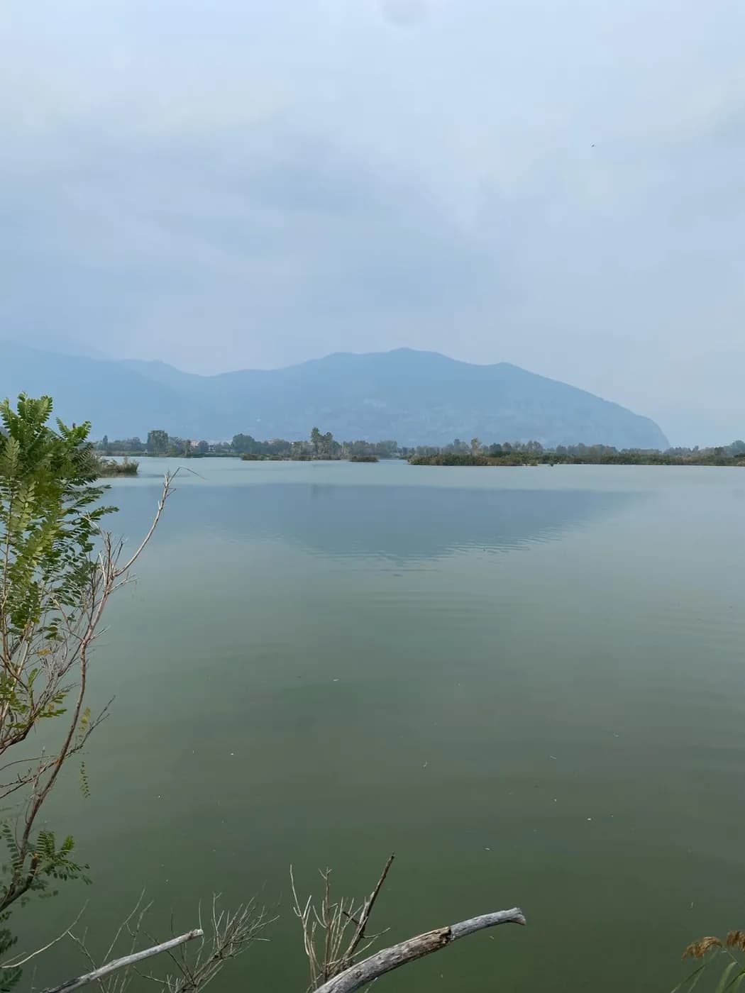 Weite Wasserfläche der Torbiere del Sebino mit Schilfinseln und Bergkulisse